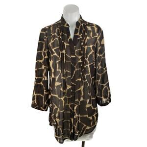 Cleo Women's Brown Printed Pletaed Long Sleeve Button Down Tunic Shirt Top S/P